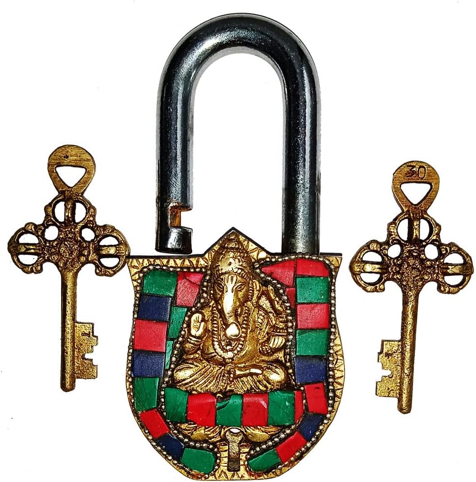 Purpledip Brass Lock Padlock Ganesha: Antique Design with Colorful Gemstones; Unique Collectible for Beauty, Security, & Religious Significance