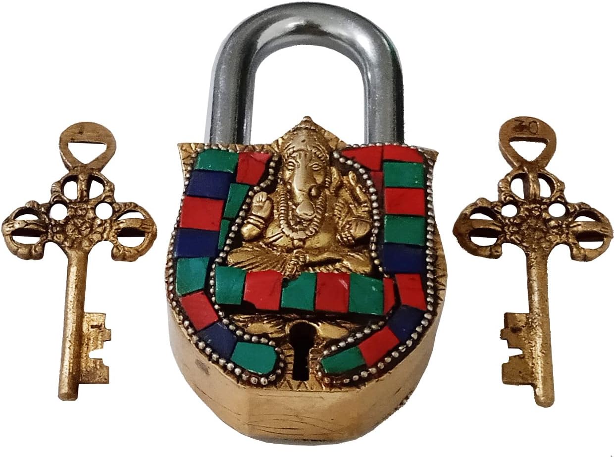 Purpledip Brass Lock Padlock Ganesha: Antique Design with Colorful Gemstones; Unique Collectible for Beauty, Security, & Religious Significance