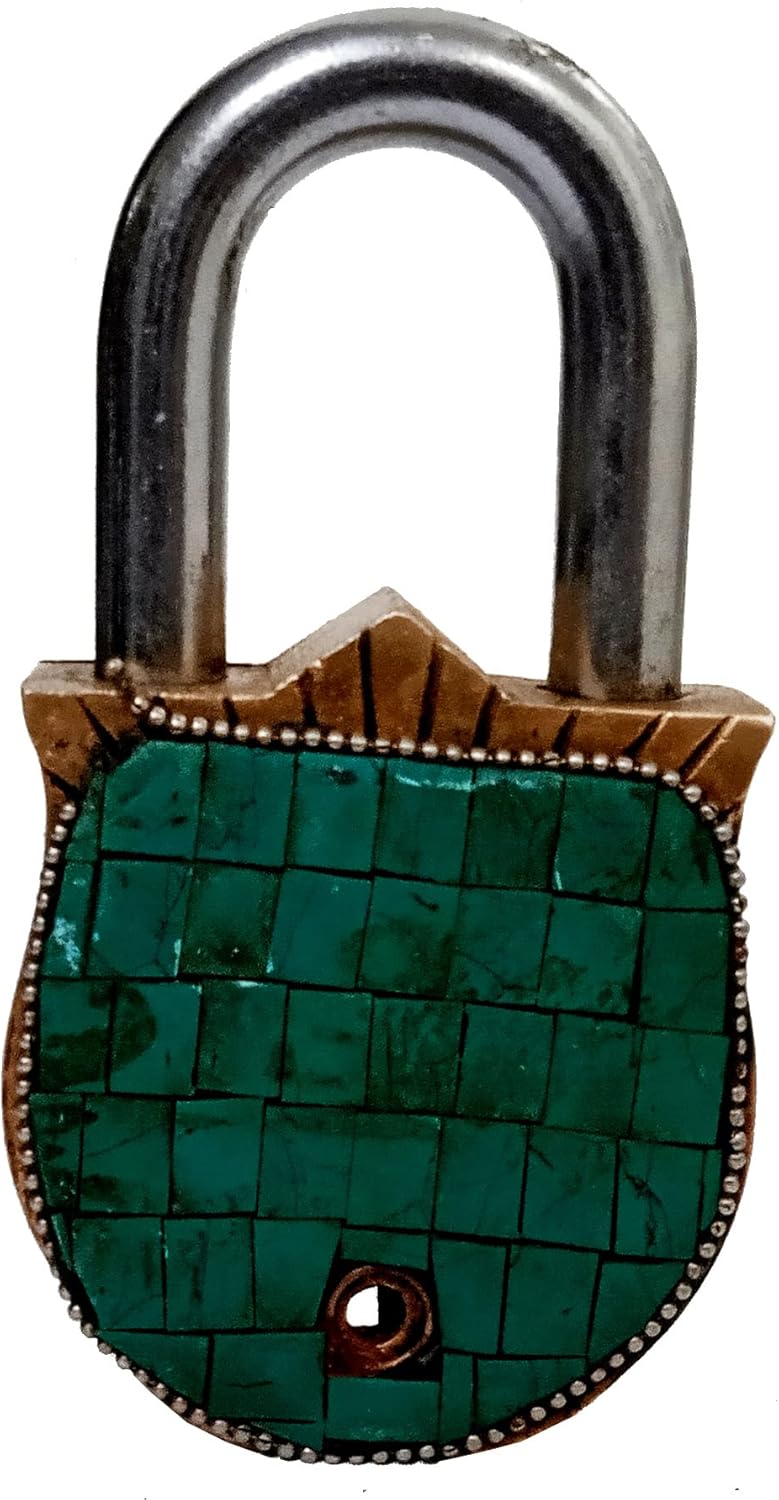 Purpledip Brass Lock Padlock Ganesha: Antique Design with Colorful Gemstones; Unique Collectible for Beauty, Security, & Religious Significance