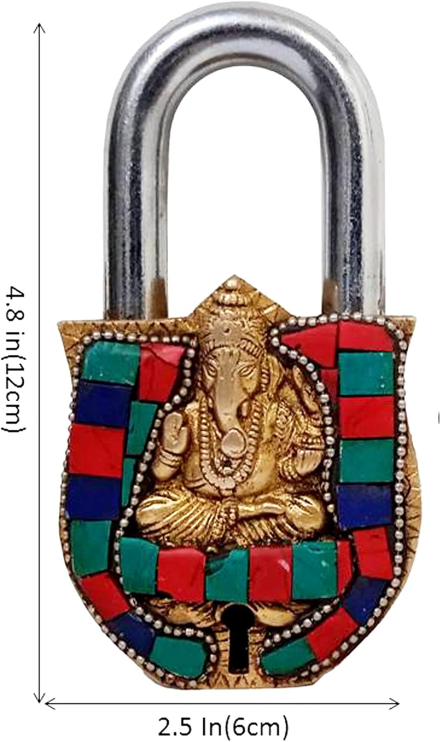 Purpledip Brass Lock Padlock Ganesha: Antique Design with Colorful Gemstones; Unique Collectible for Beauty, Security, & Religious Significance