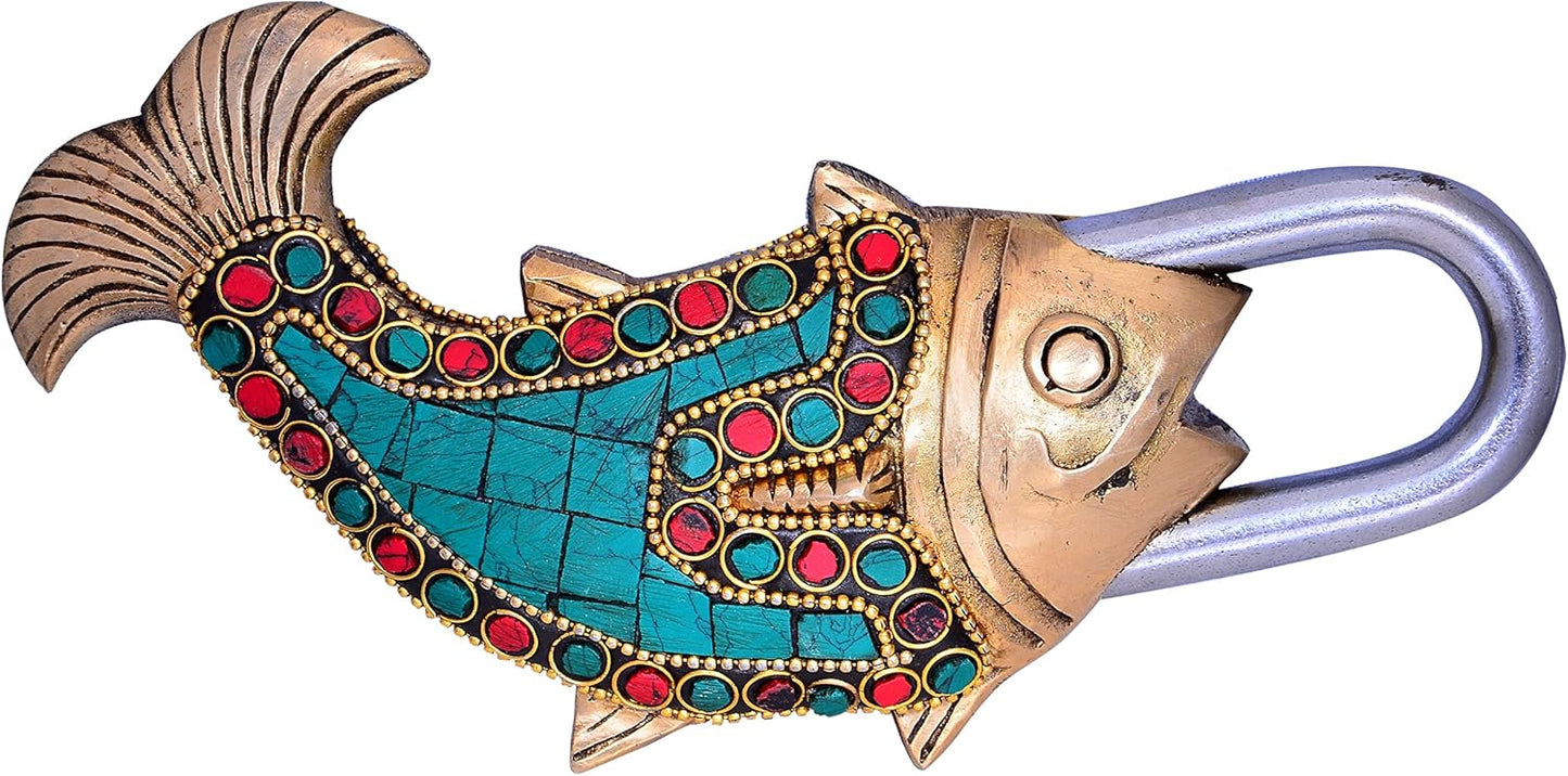 Purpledip Fish Shaped Brass Lock Padlock: Handmade Antique Design with Colorful Gemstone Work; Unique Collectible Combination of Style & Security (10662)