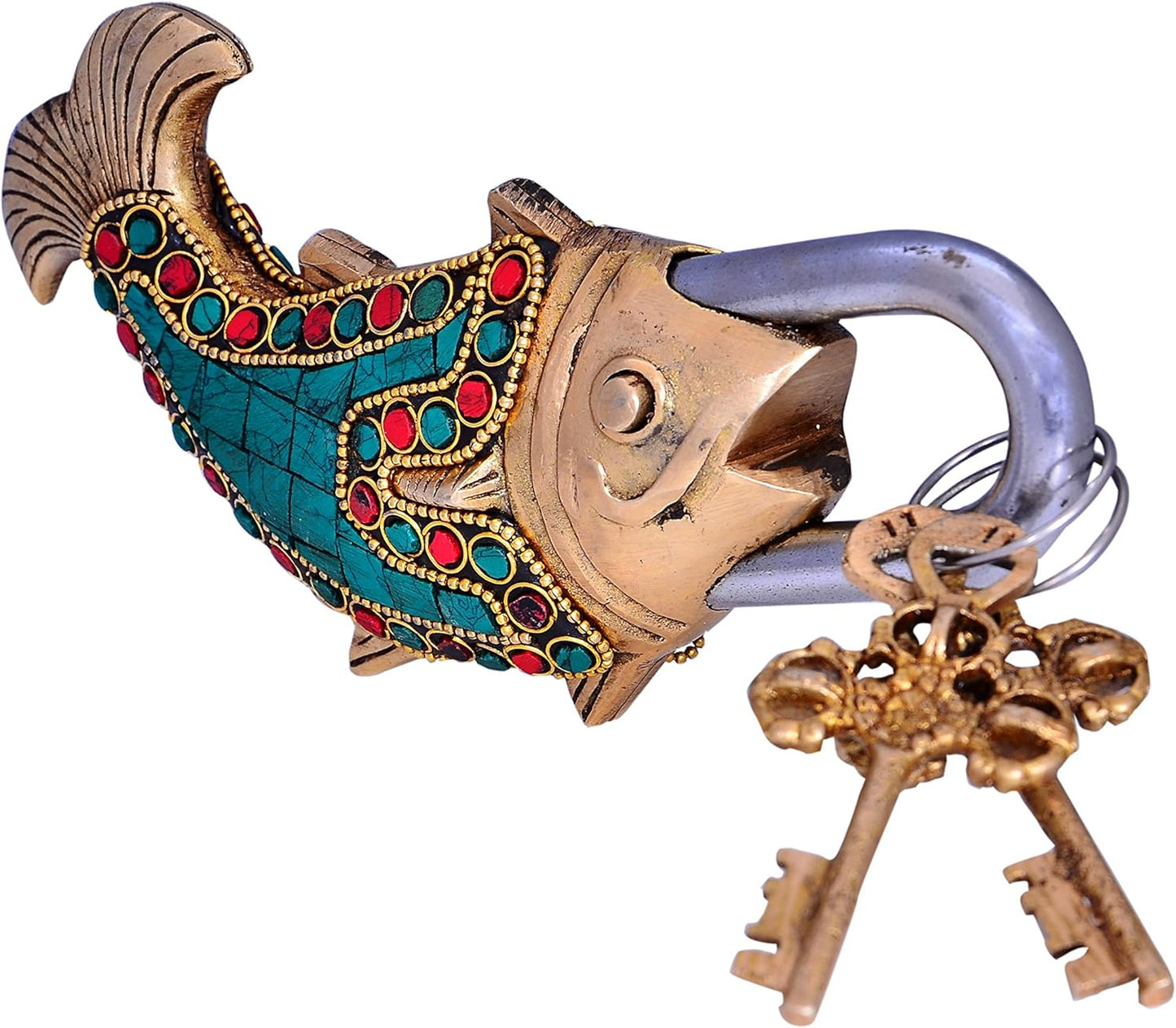 Purpledip Fish Shaped Brass Lock Padlock: Handmade Antique Design with Colorful Gemstone Work; Unique Collectible Combination of Style & Security (10662)
