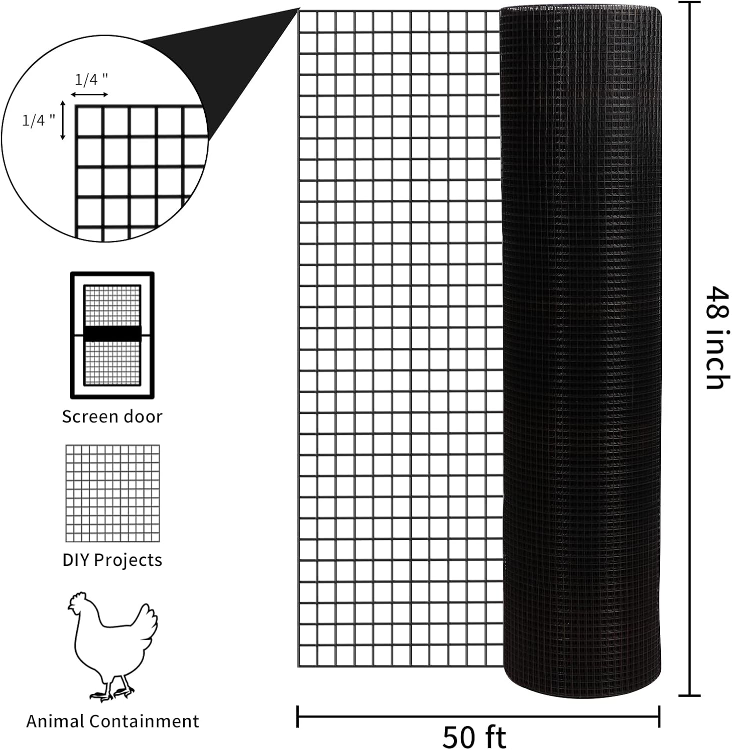 PVC Coated Wire Mesh 48'' x 50' 1/4 inch Black Vinyl Coated Fence - 19 Gauge Chain Link Fence for Chicken Coop and Home Improvement - WildKart