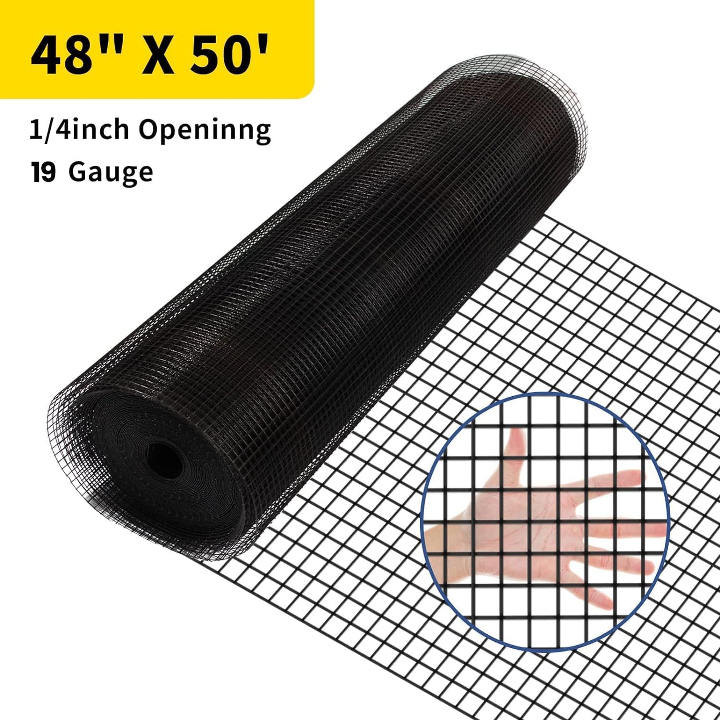 PVC Coated Wire Mesh 48'' x 50' 1/4 inch Black Vinyl Coated Fence - 19 Gauge Chain Link Fence for Chicken Coop and Home Improvement - WildKart