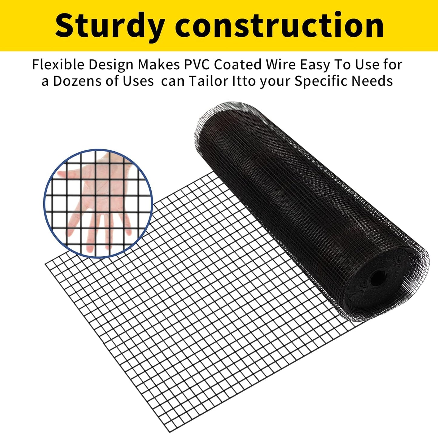 PVC Coated Wire Mesh 48'' x 50' 1/4 inch Black Vinyl Coated Fence - 19 Gauge Chain Link Fence for Chicken Coop and Home Improvement - WildKart