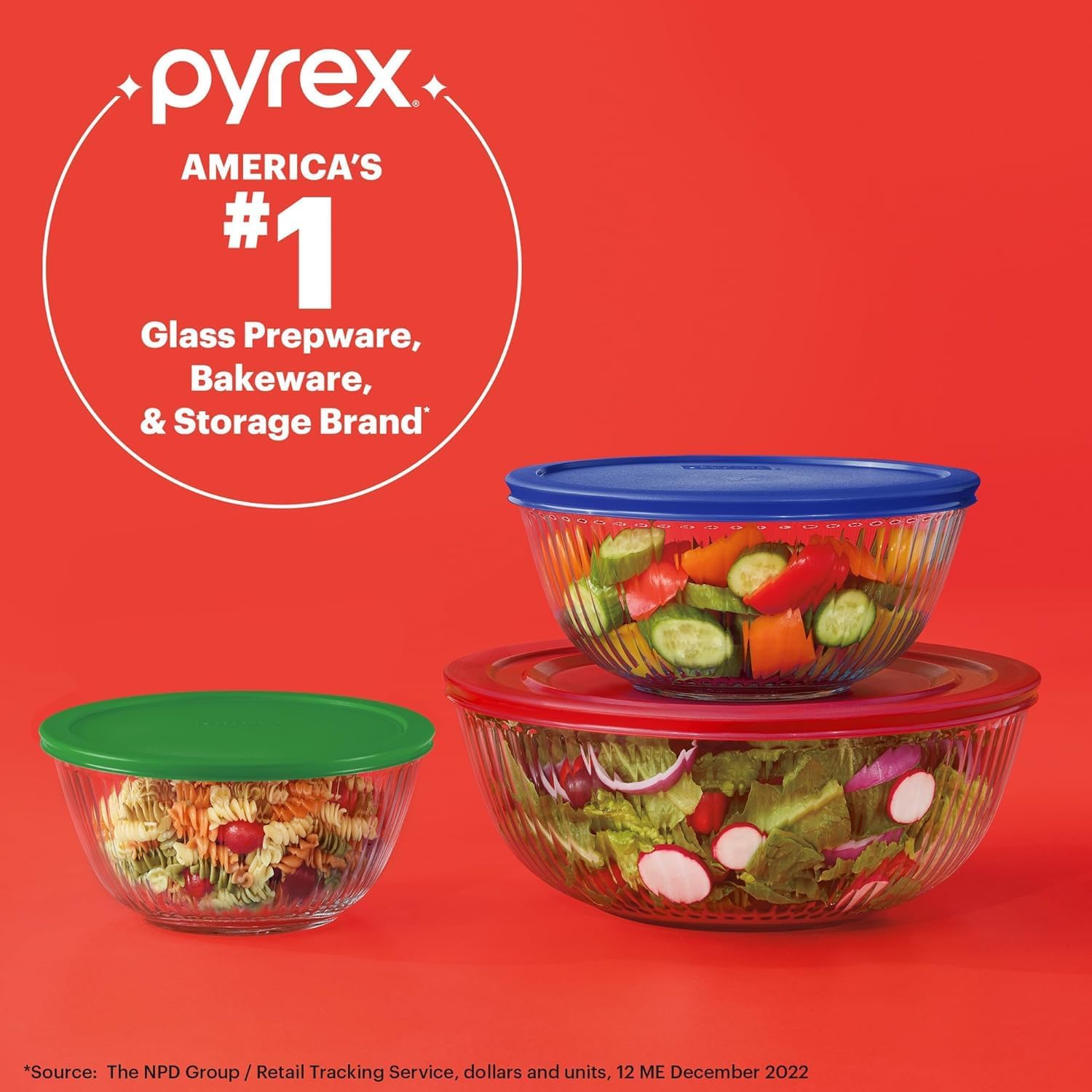 Pyrex 3-Pack Glass Mixing Bowls Set with Lids - BPA-Free, Prepping & Baking Food Storage - Dishwasher, Microwave, Freezer Safe