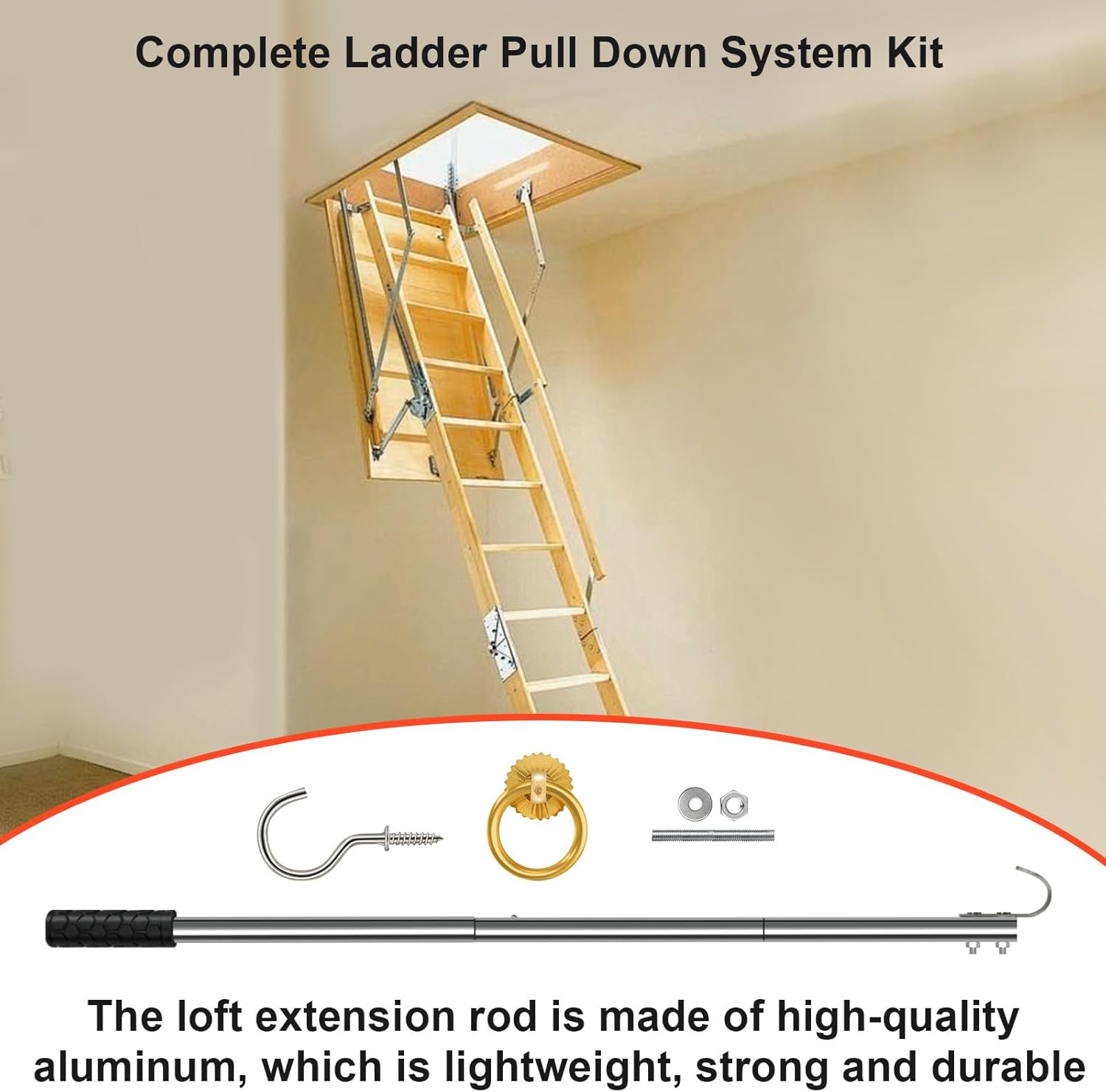QIANXIHAORQ Complete Attic Ladder Pull Down System Kit with Extension Rod and Storage Hook