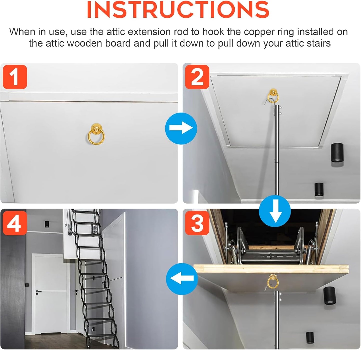 QIANXIHAORQ Complete Attic Ladder Pull Down System Kit with Extension Rod and Storage Hook