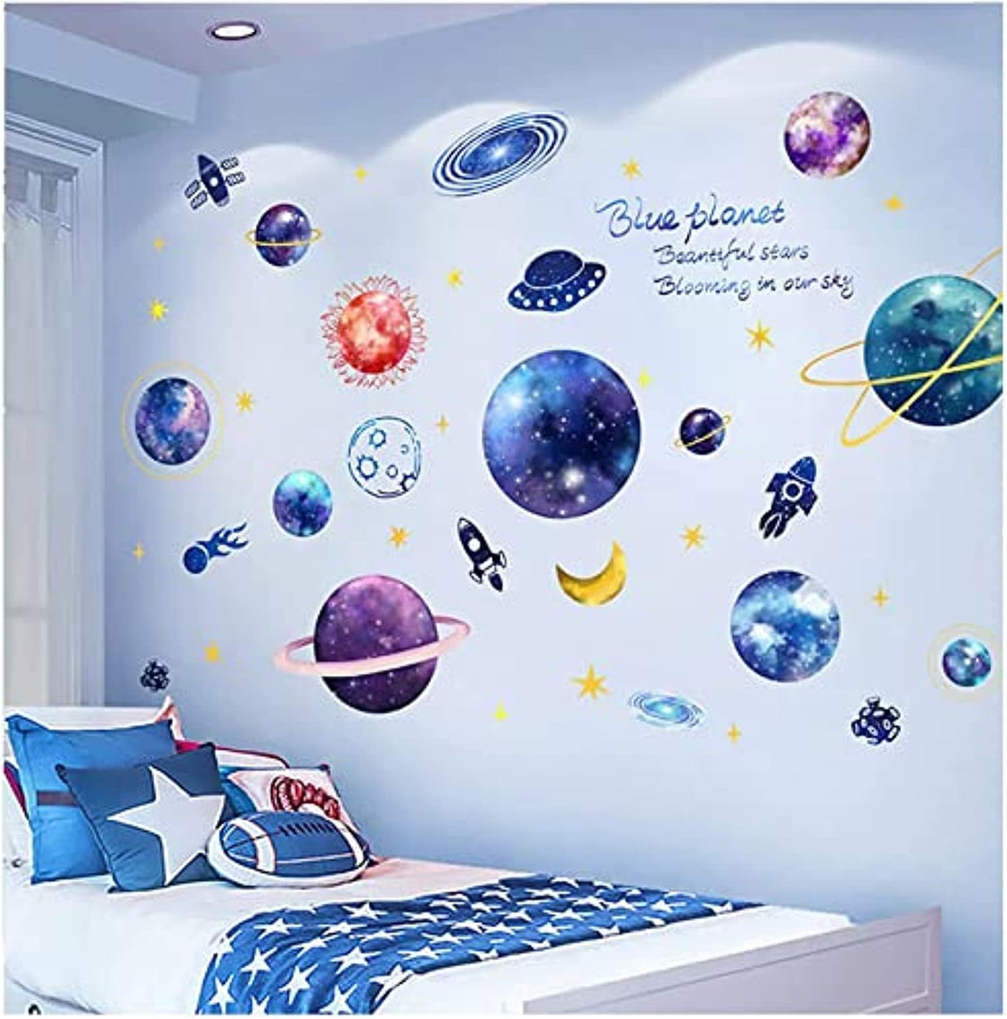 Quanhaigou Blue Purple Galaxy Wall Decals - Removable 3D Milky Way Cosmic Stars Spacecraft Dreamscape Home Decor for Bedroom, Living Room, Kids Room
