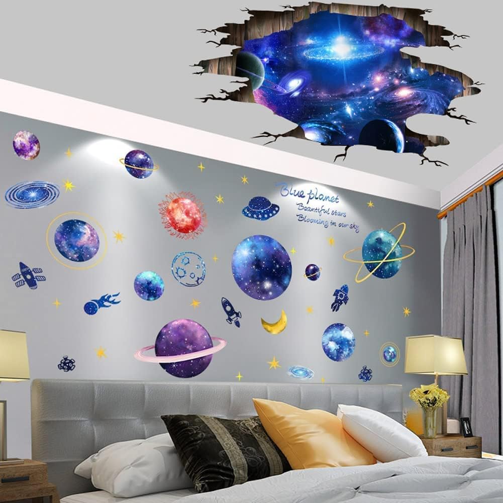 Quanhaigou Blue Purple Galaxy Wall Decals - Removable 3D Milky Way Cosmic Stars Spacecraft Dreamscape Home Decor for Bedroom, Living Room, Kids Room