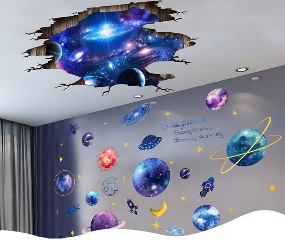 Quanhaigou Blue Purple Galaxy Wall Decals - Removable 3D Milky Way Cosmic Stars Spacecraft Dreamscape Home Decor for Bedroom, Living Room, Kids Room