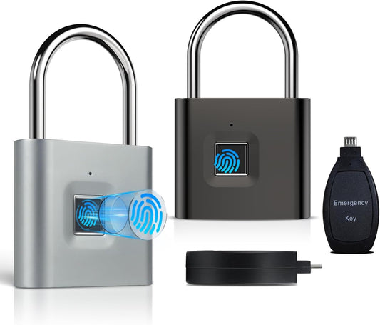 QYKSONIC Gunmetal Gray Fingerprint Padlock Bundle with Silver Padlock - IP66 Waterproof Locker Lock and Key