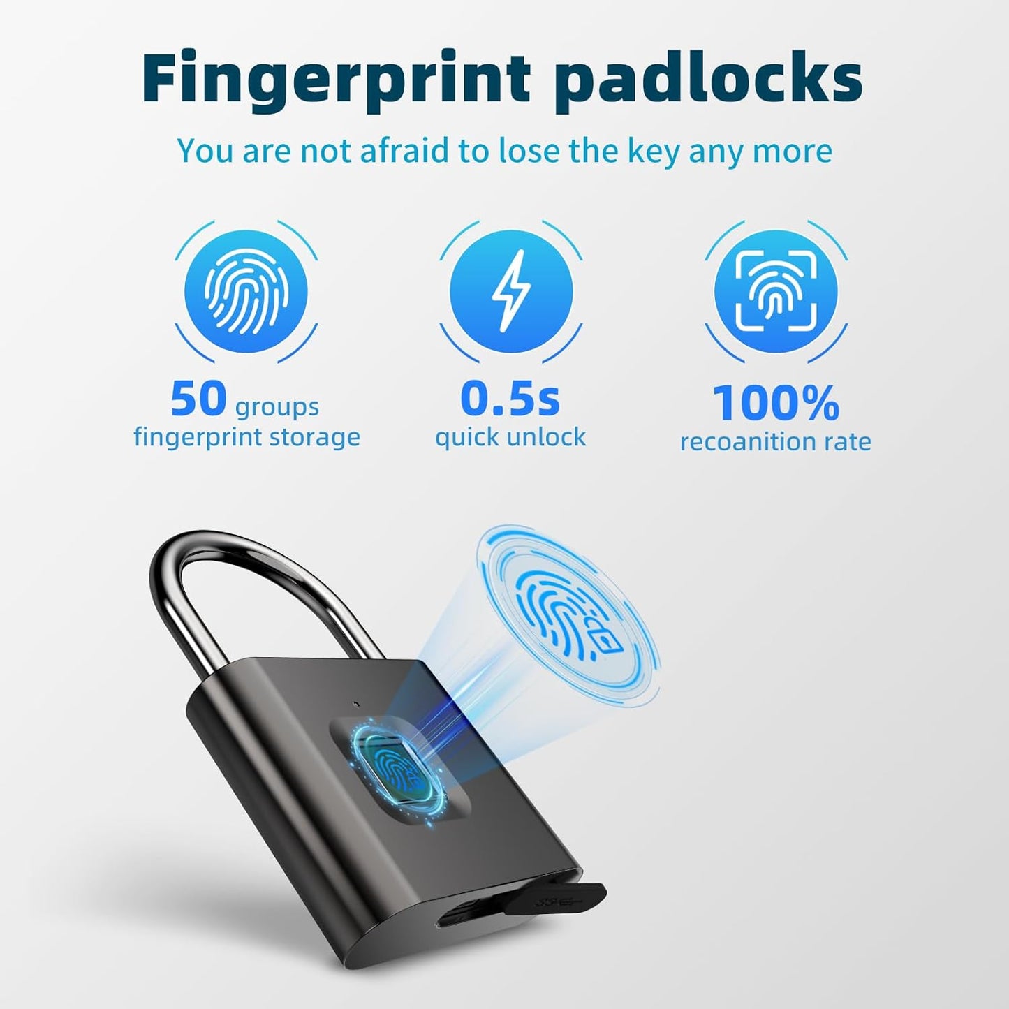 QYKSONIC Gunmetal Gray Fingerprint Padlock Bundle with Silver Padlock - IP66 Waterproof Locker Lock and Key