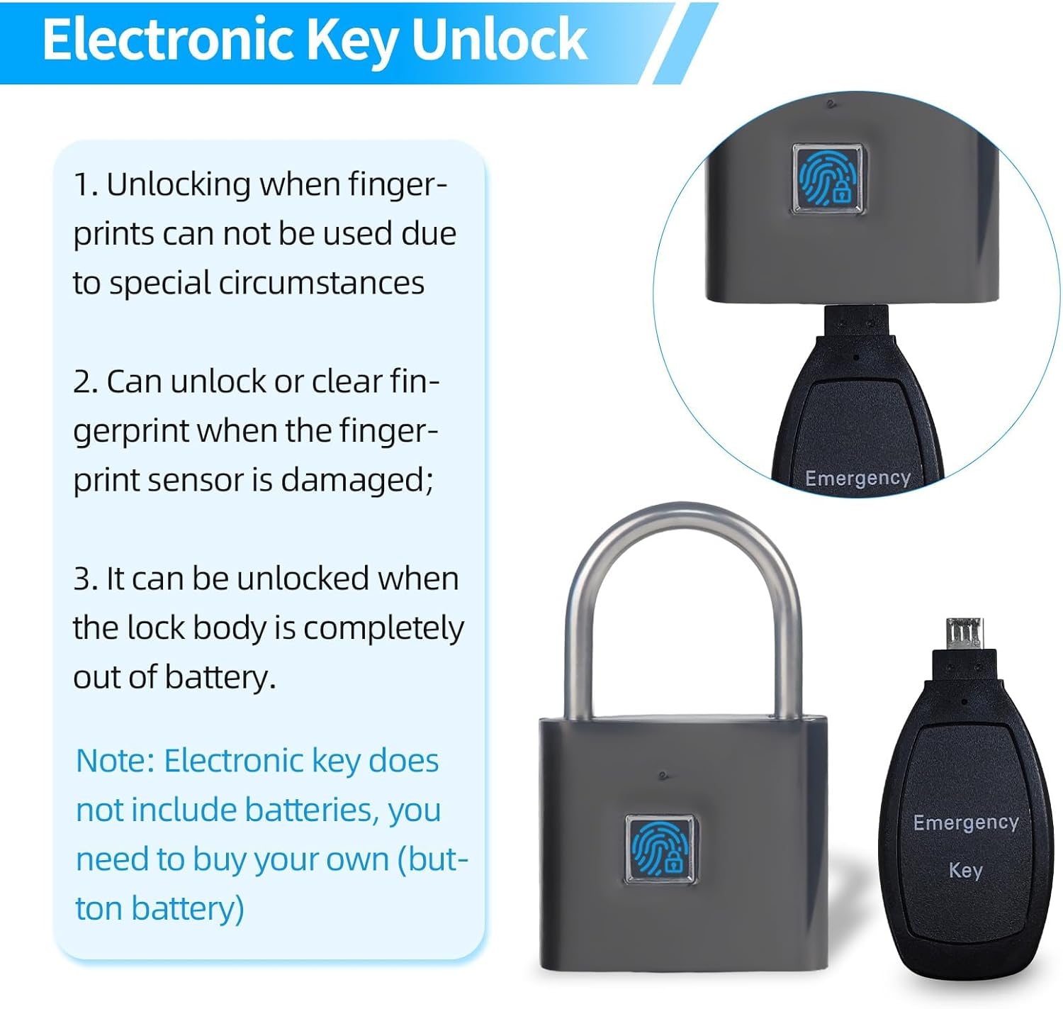 QYKSONIC Gunmetal Gray Fingerprint Padlock Bundle with Silver Padlock - IP66 Waterproof Locker Lock and Key