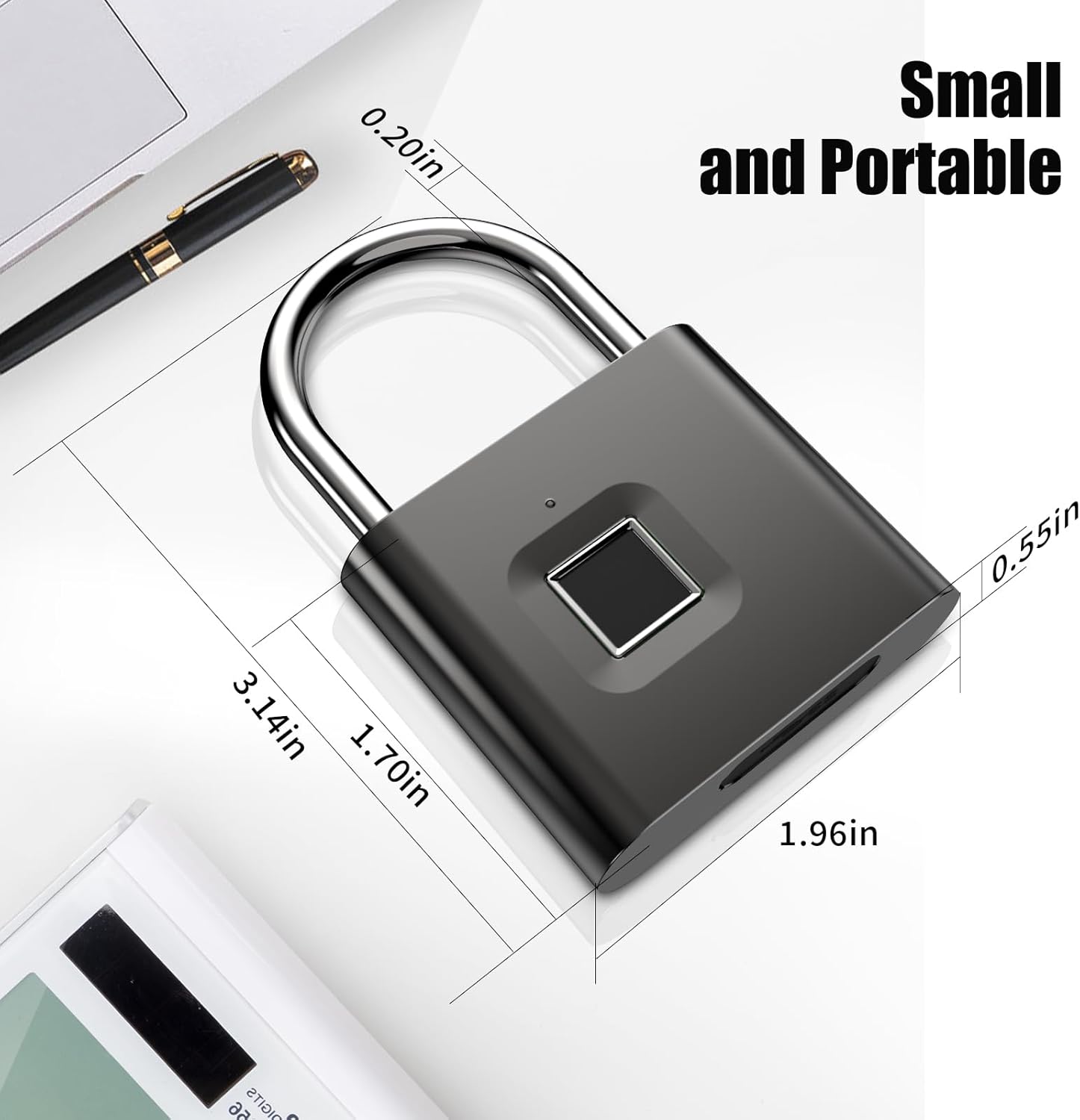 QYKSONIC Gunmetal Gray Fingerprint Padlock Bundle with Silver Padlock - IP66 Waterproof Locker Lock and Key