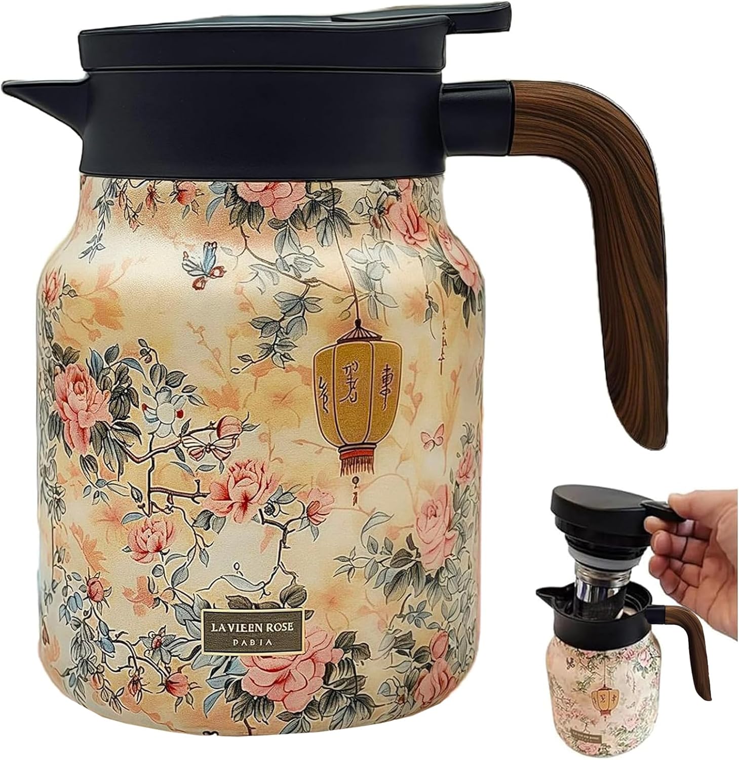 Raidley Vintage Floral Pattern Tea Hot Water Bottle with Doresty Tea Pot - Stainless Steel Thermal Carafe with Infuser (Pink, 1000ML)
