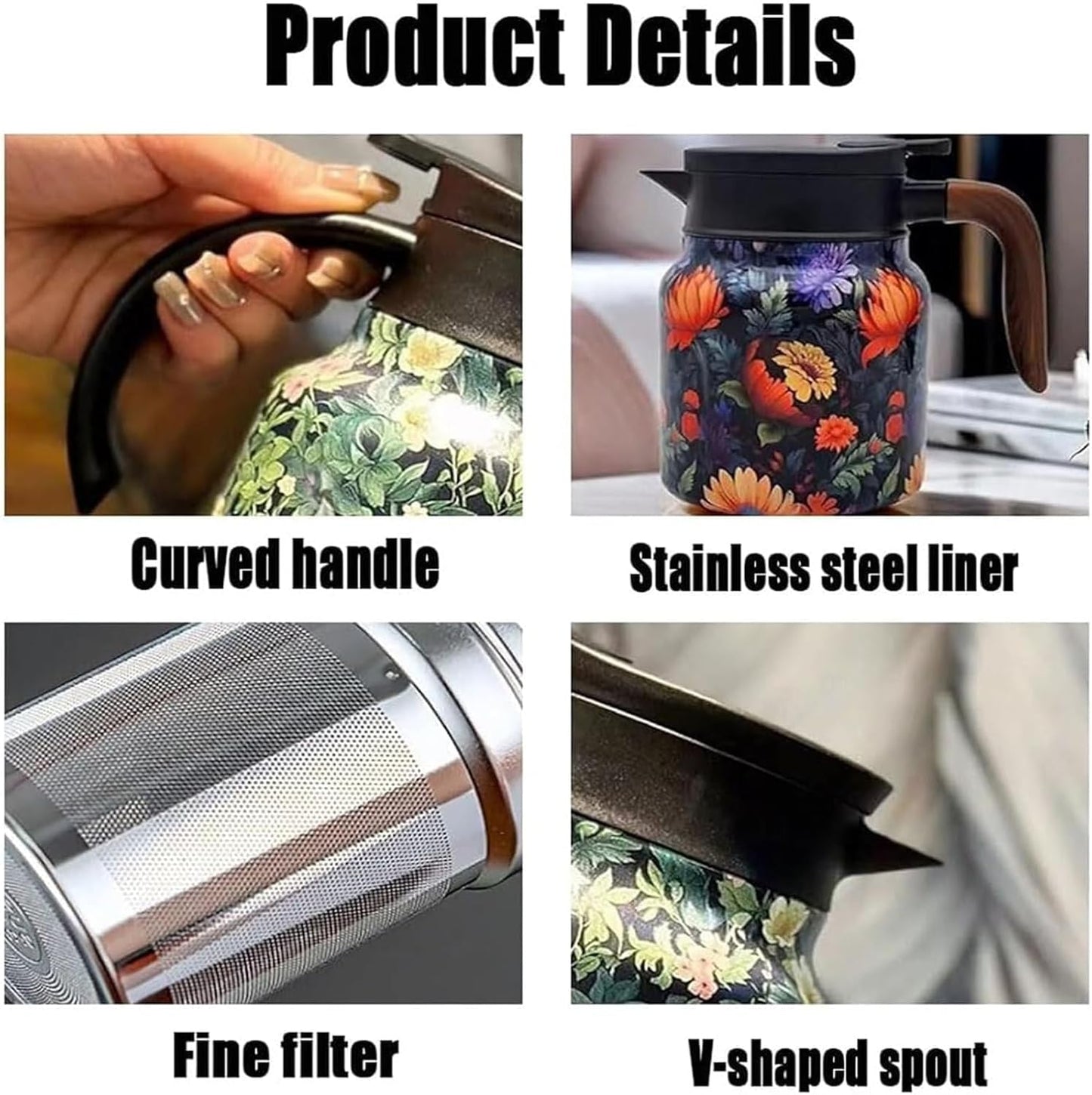 Raidley Vintage Floral Pattern Tea Hot Water Bottle with Doresty Tea Pot - Stainless Steel Thermal Carafe with Infuser (Pink, 1000ML)