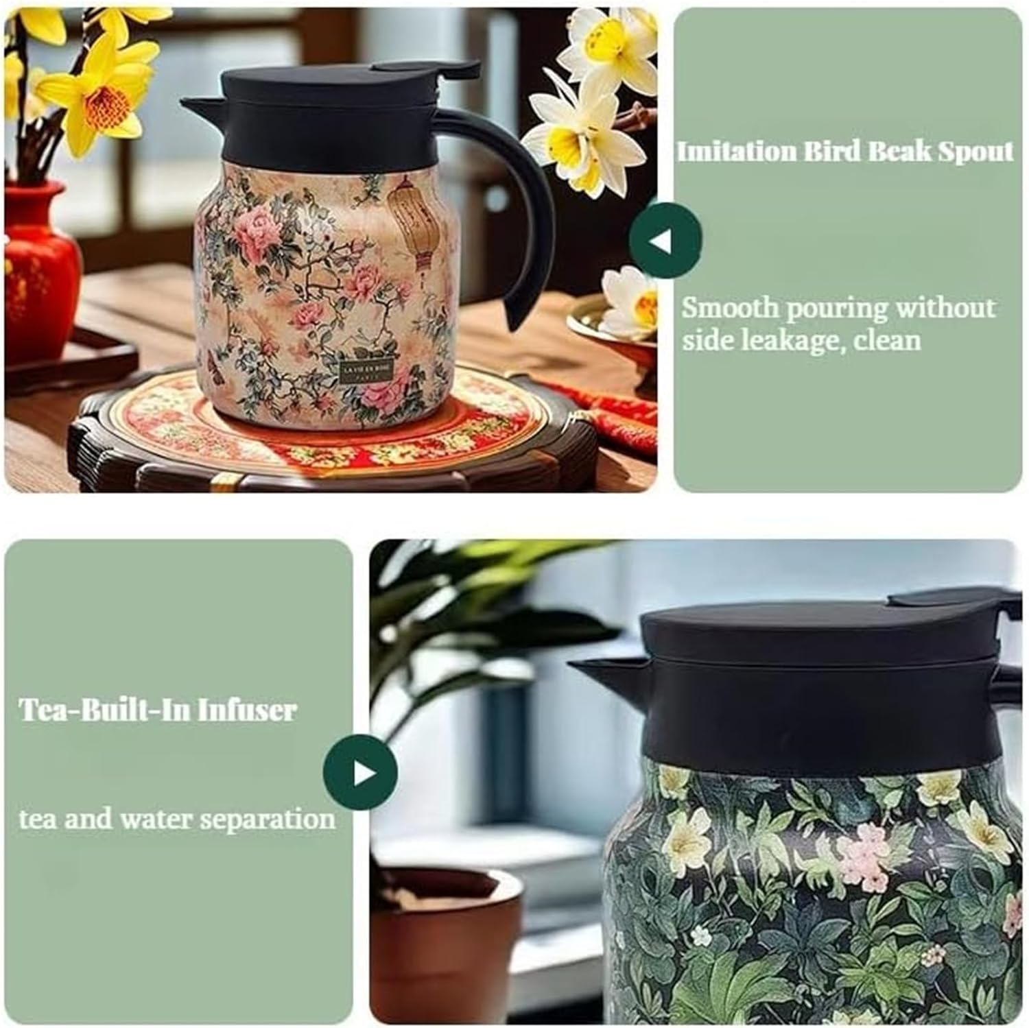 Raidley Vintage Floral Pattern Tea Hot Water Bottle with Doresty Tea Pot - Stainless Steel Thermal Carafe with Infuser (Pink, 1000ML)