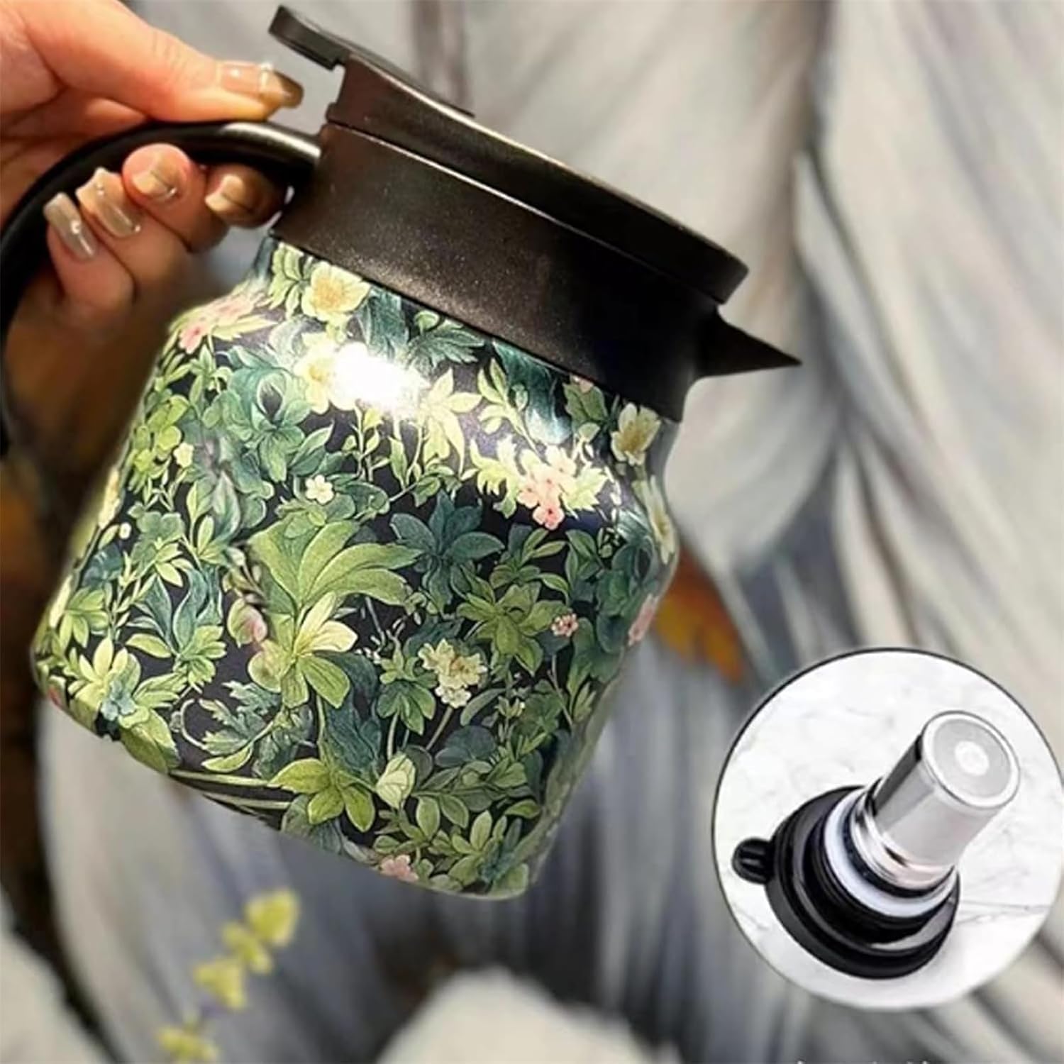 Raidley Vintage Floral Pattern Tea Hot Water Bottle with Doresty Tea Pot - Stainless Steel Thermal Carafe with Infuser (Pink, 1000ML)