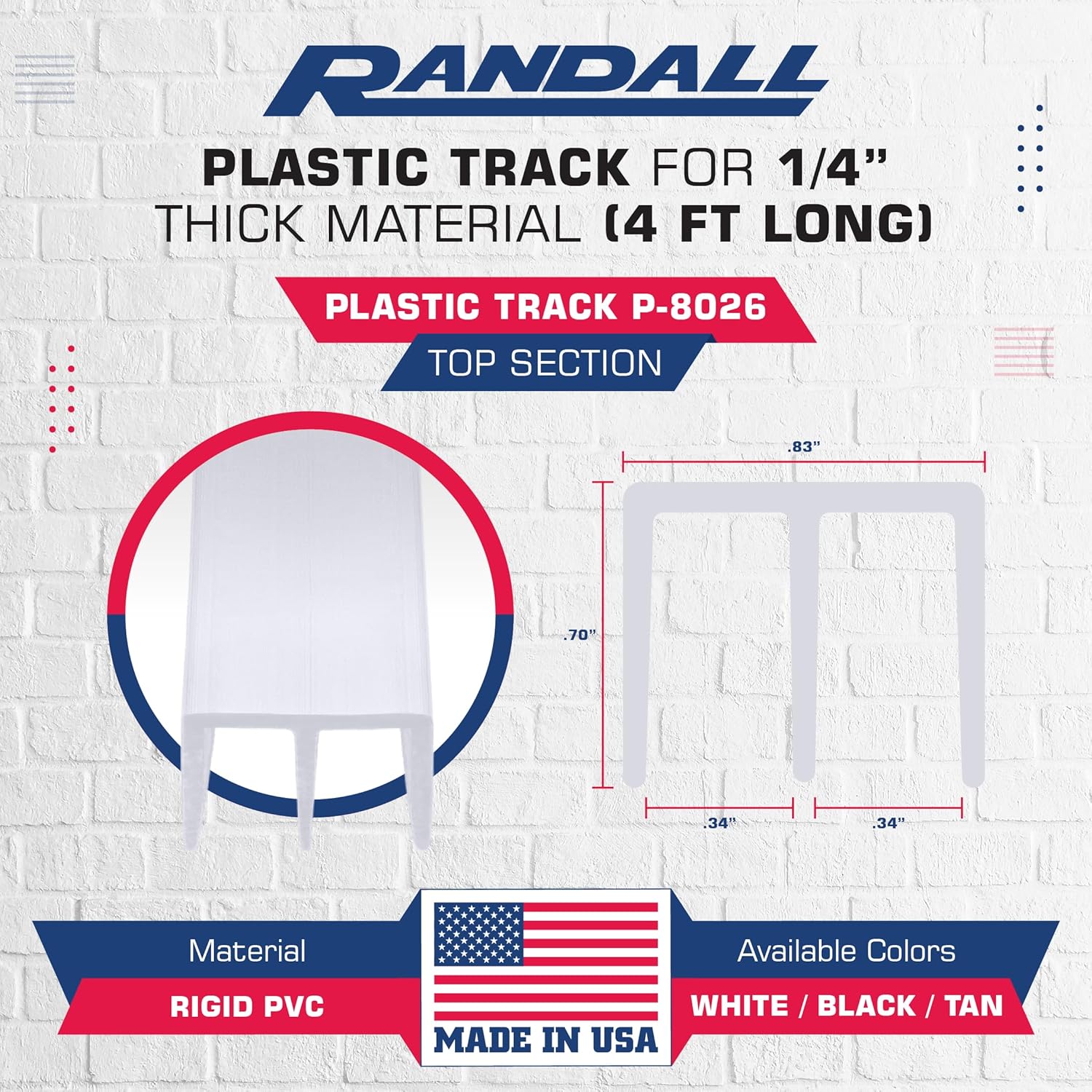 Randall Manufacturing Co., Inc Plastic Sliding Door Track - 1/4" Width, White, 4 FT Length