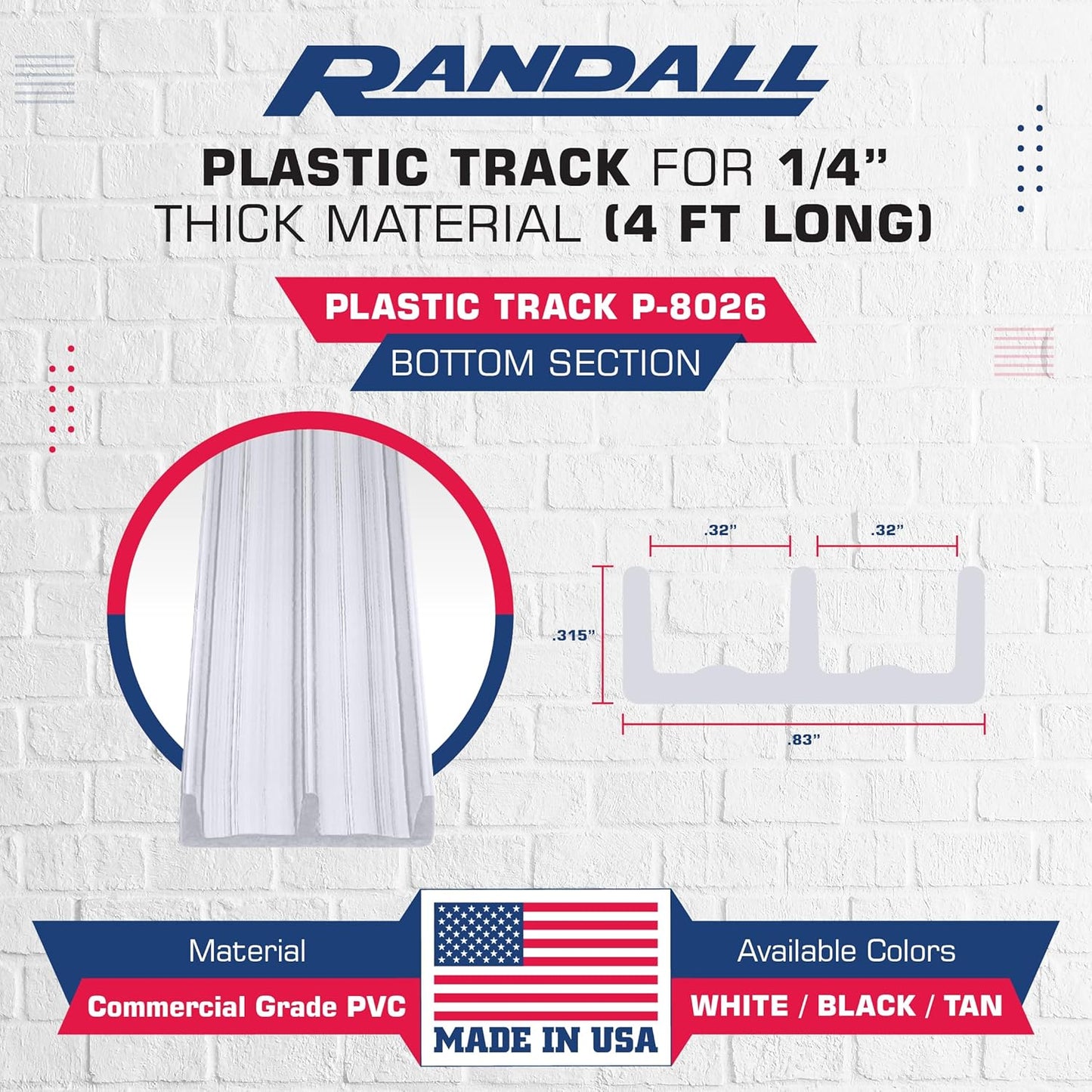 Randall Manufacturing Co., Inc Plastic Sliding Door Track - 1/4" Width, White, 4 FT Length