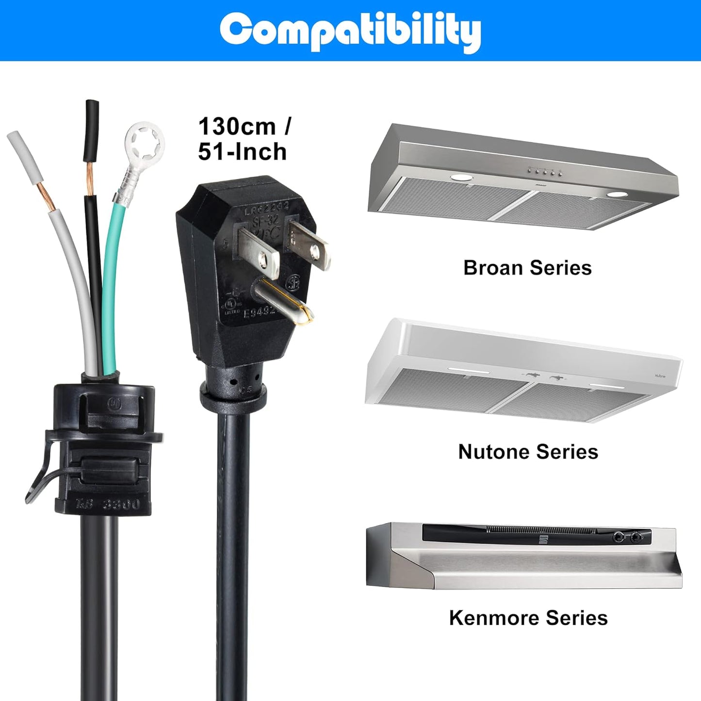 Range Hood Power Cord Kit for Plug-in Conversion - Dreyoo HCK44 Replacement, Compatible with Broan, Nutone - Easy Hardwire to Plug-in Transformation