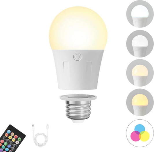 Rechargeable Battery Operated Light Bulb with Remote Control - 60W Equivalent LED Bulb - 4 Color Temperatures - Emergency Light - Indoor/Outdoor Lighting