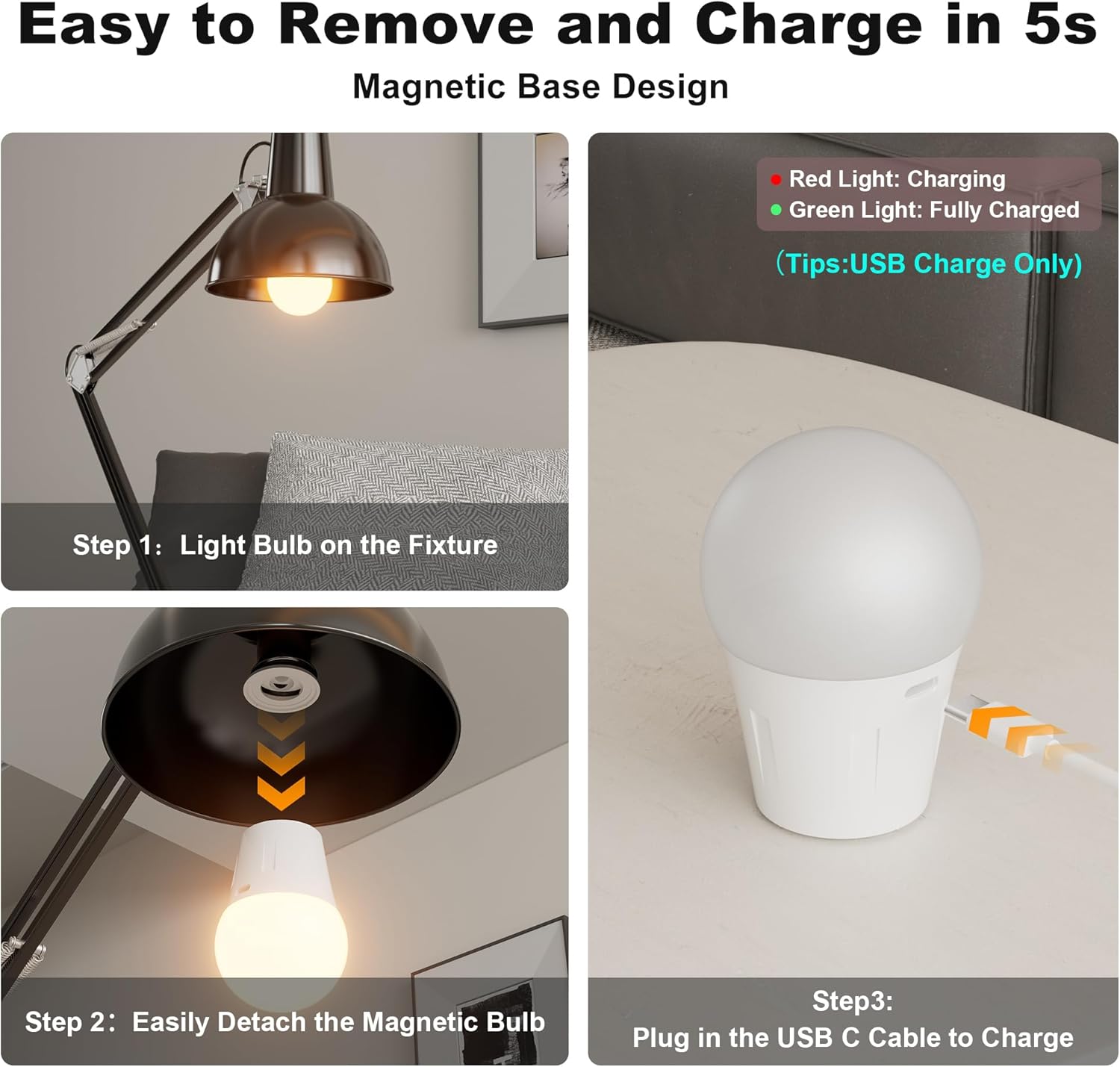Rechargeable Battery Operated Light Bulb with Remote Control - 60W Equivalent LED Bulb - 4 Color Temperatures - Emergency Light - Indoor/Outdoor Lighting