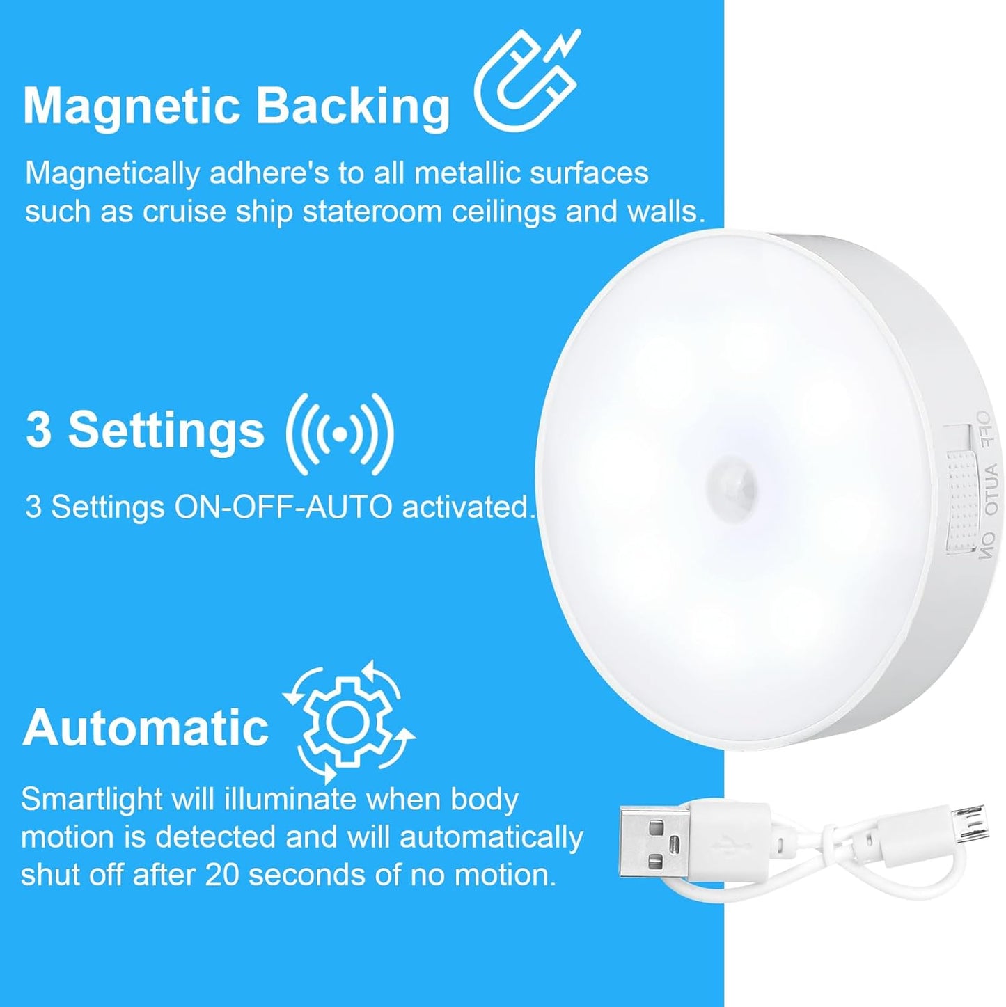Rechargeable Magnetic Cruise Ship Motion Sensor Night Light with USB Cable - Warm White LED - Safe Cordless Lighting for Cabin Hallway & Bathroom