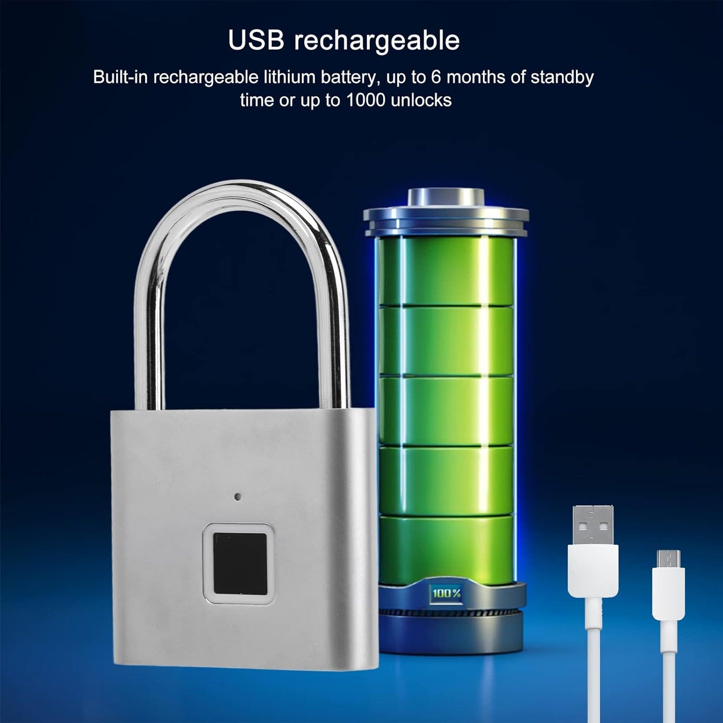 Rechargeable USB Fingerprint Padlock - Smart Anti Theft Lock for Cabinet, Yard, Warehouse - Quick Unlock Technology