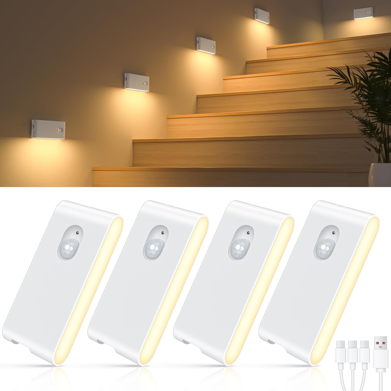 Rechargeable Wireless Motion Sensor Stair Lights - Warm White Night Light for Stairs, Hallway, Kitchen, Closet, Bedroom - 4 Pack
