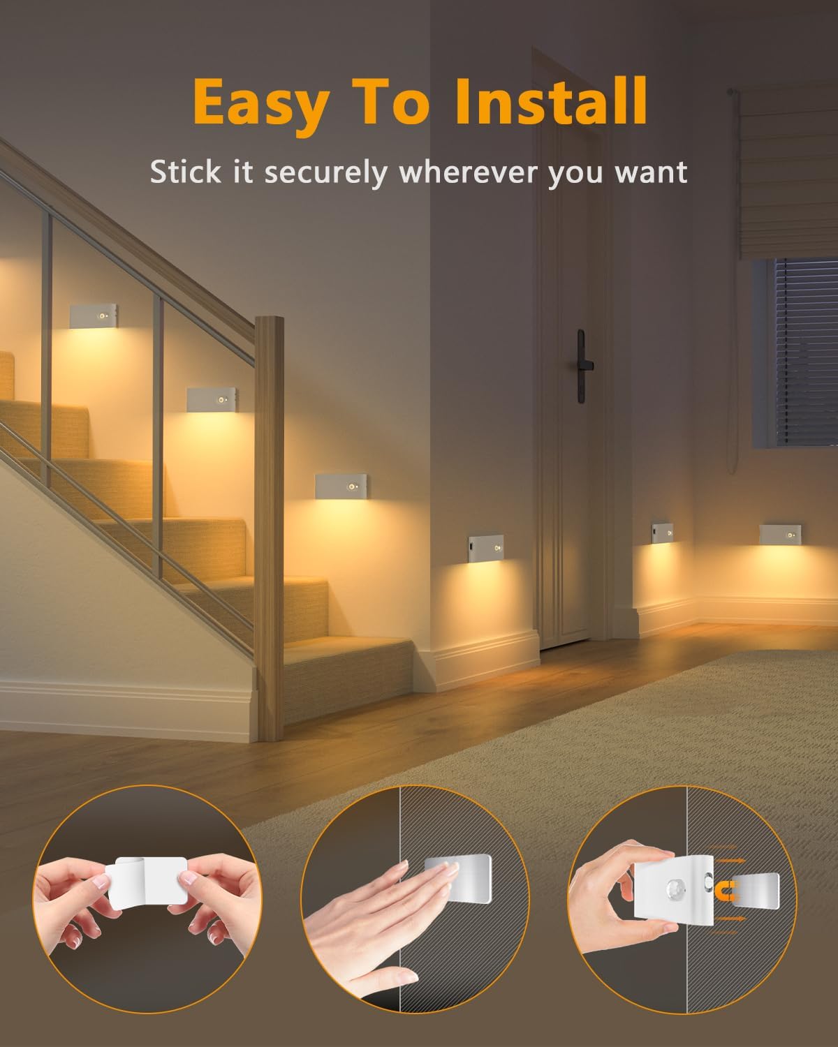 Rechargeable Wireless Motion Sensor Stair Lights - Warm White Night Light for Stairs, Hallway, Kitchen, Closet, Bedroom - 4 Pack
