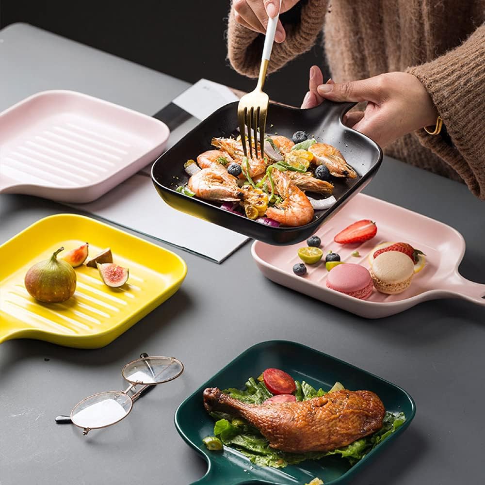 Rectangular Ceramic Baking Dish with Handle - Oven Safe Creative Salad Plate Fruit Plate - Black
