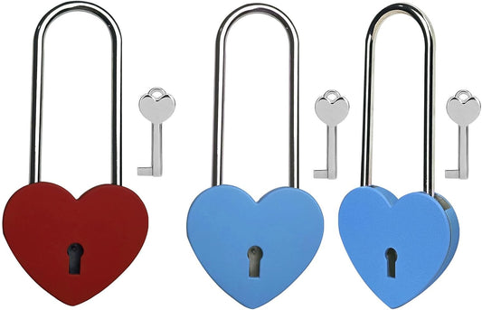 Red and Blue Heart Lock with Key, 3.5" Love Padlock for Lovelock Bridge, Jewelry Box