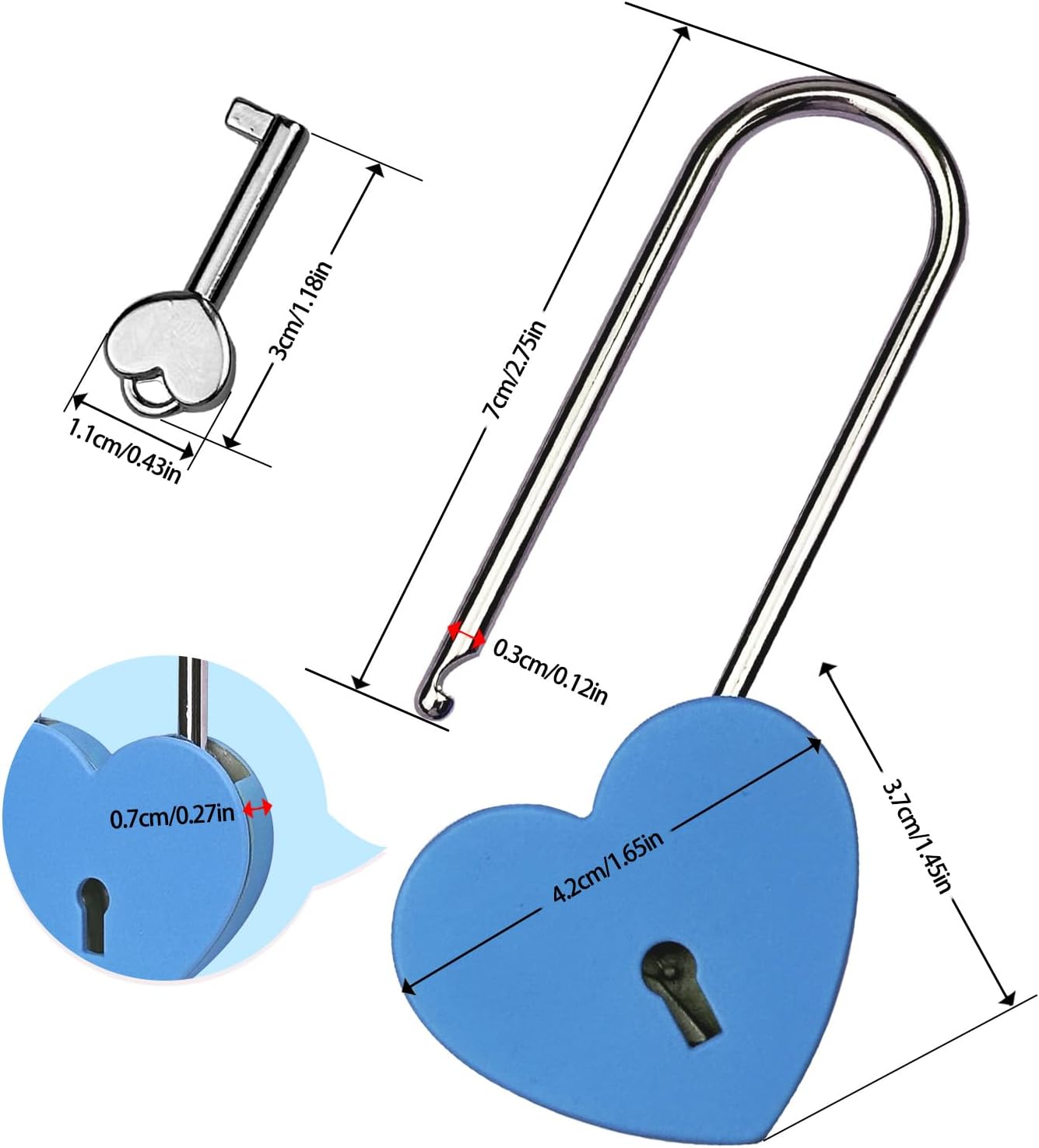 Red and Blue Heart Lock with Key, 3.5" Love Padlock for Lovelock Bridge, Jewelry Box