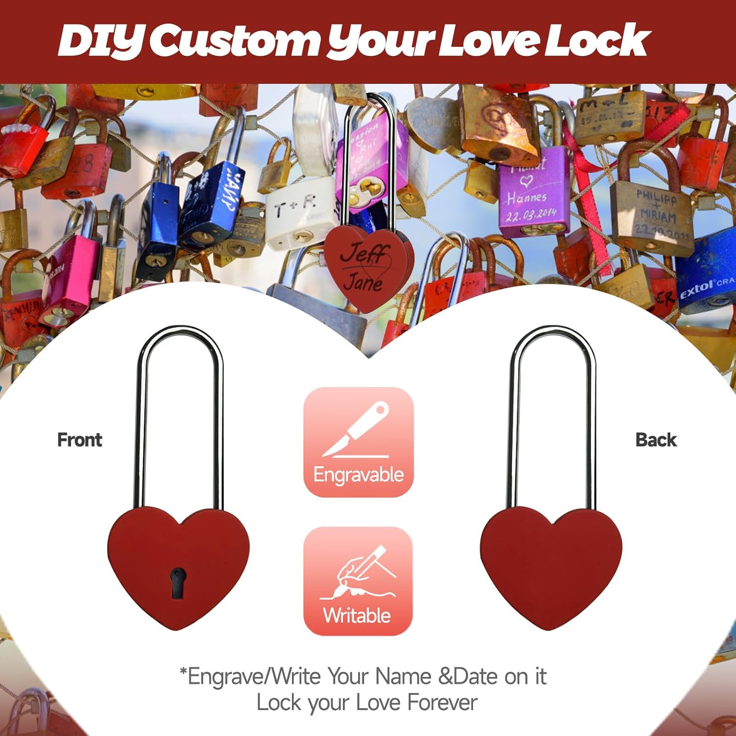Red and Blue Heart Lock with Key, 3.5" Love Padlock for Lovelock Bridge, Jewelry Box