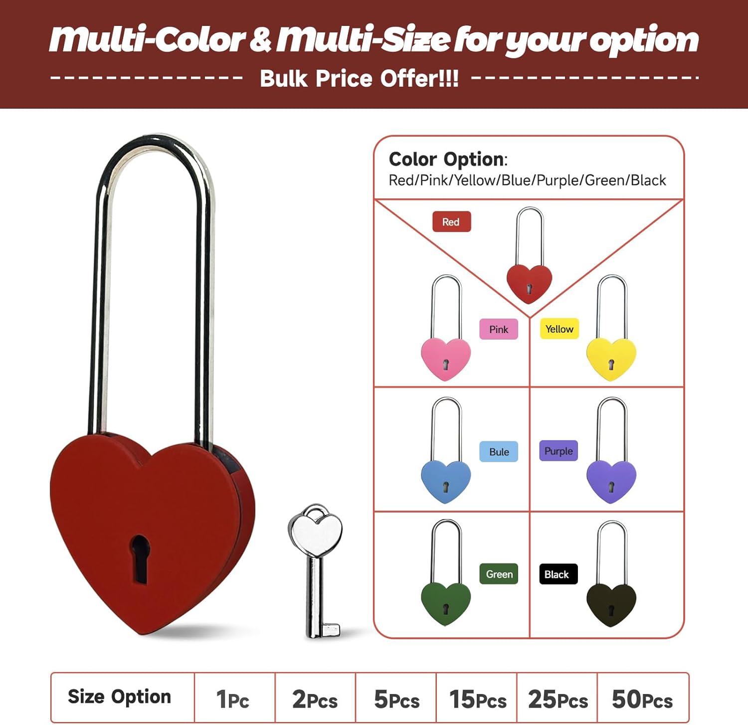 Red and Blue Heart Lock with Key, 3.5" Love Padlock for Lovelock Bridge, Jewelry Box