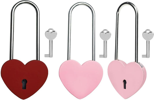 Red and Pink Heart Lock with Key, 3.5" Love Padlock for Lovelock Bridge, Jewelry Box