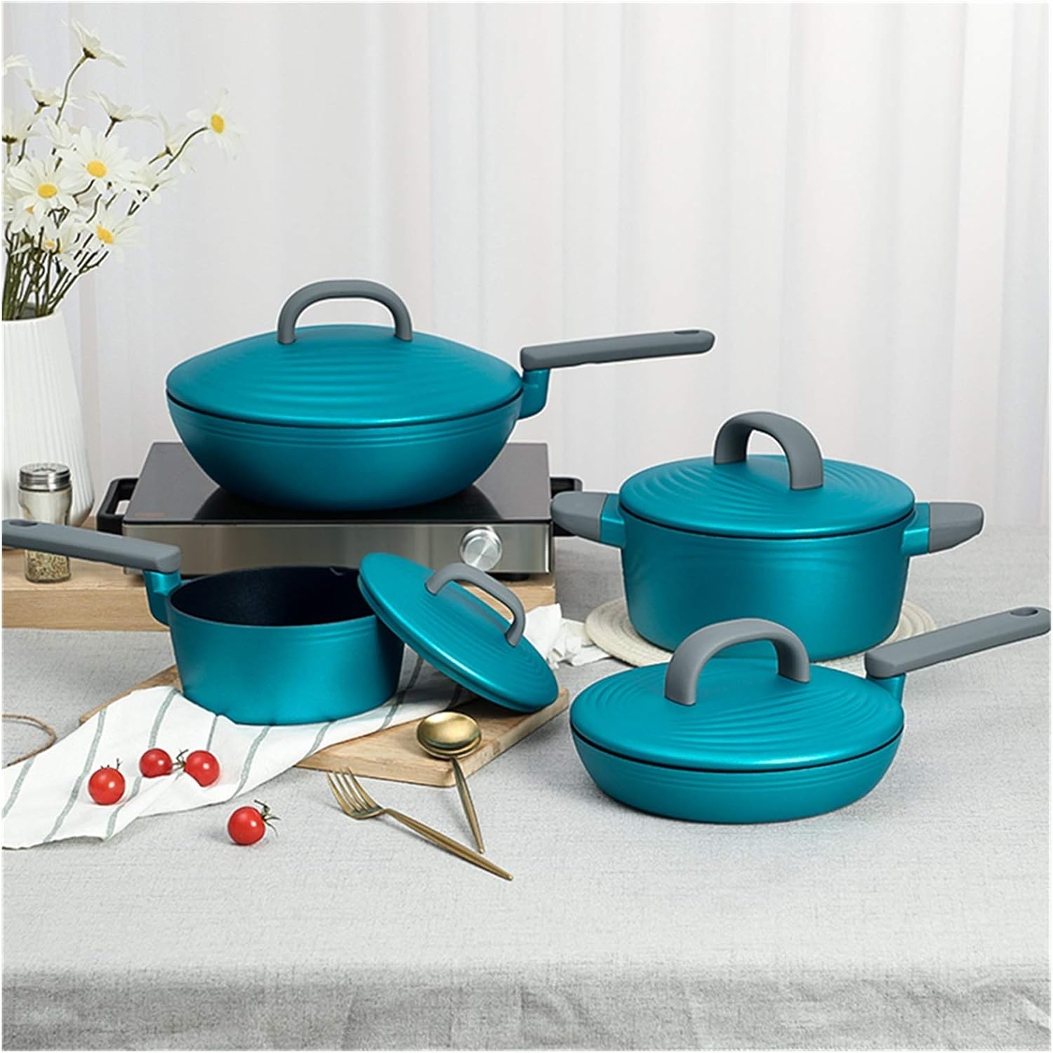 Red Cookware Set with Soup Pot, Stew Cooking Pots, Induction Cooker Casserole, Saucepan, Double Boiler, Steamer, and Frying Pan