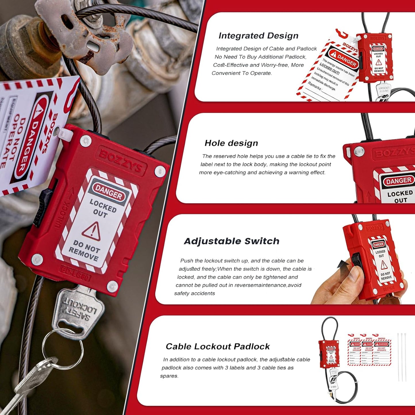 Red Loto Safety Lockout Padlocks with Adjustable Cable Locks for Lock Out Tag Out Stations - Plastic Body, 6MM Diameter, 1.8M Length - WildKart