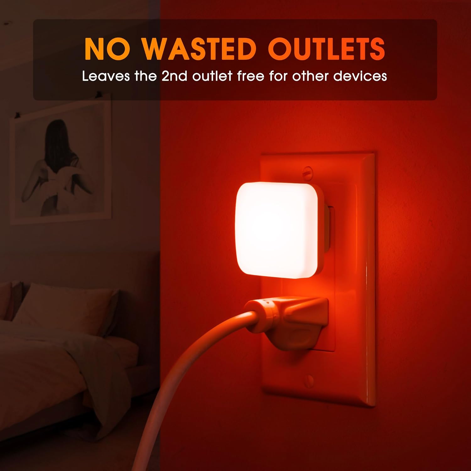 Red Night Lights Plug into Wall with Light Sensor, 2 Pack LED Nightlights for Kids, Bathroom, Bedroom, Kitchen - Dusk to Dawn, 0.3W Square Plug in Night Light