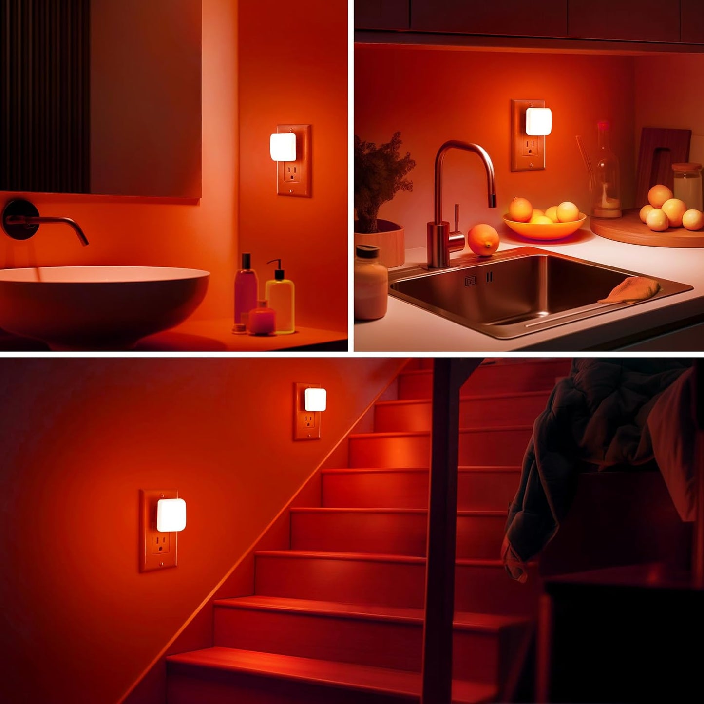 Red Night Lights Plug into Wall with Light Sensor, 2 Pack LED Nightlights for Kids, Bathroom, Bedroom, Kitchen - Dusk to Dawn, 0.3W Square Plug in Night Light