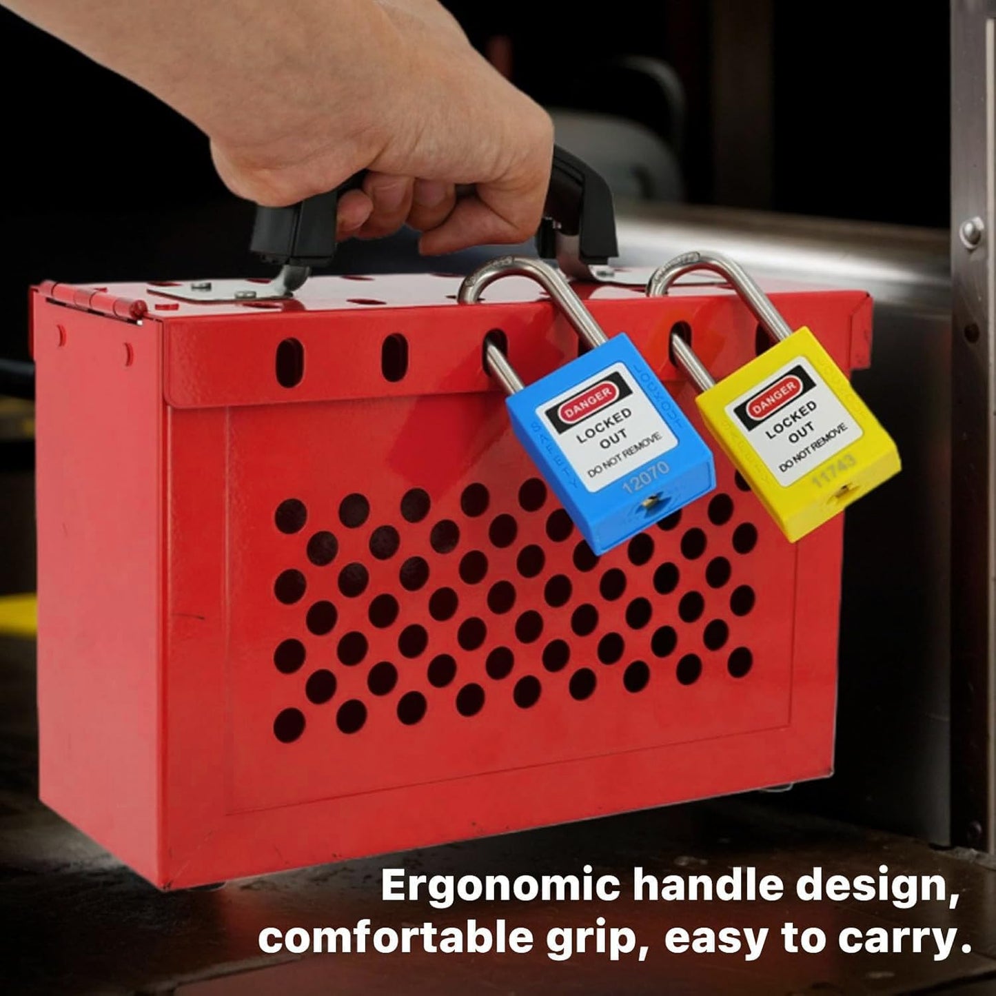 Red Portable Steel Lockout Tagout Group Lock Box for OSHA Compliance - Accepts 13 Padlocks - 1 Pack - WildKart