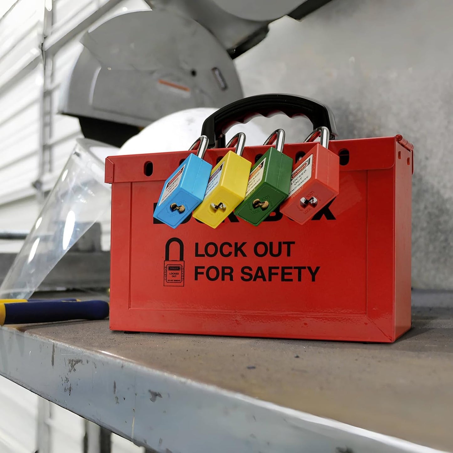 Red Portable Steel Lockout Tagout Group Lock Box for OSHA Compliance - Accepts 13 Padlocks - 1 Pack - WildKart