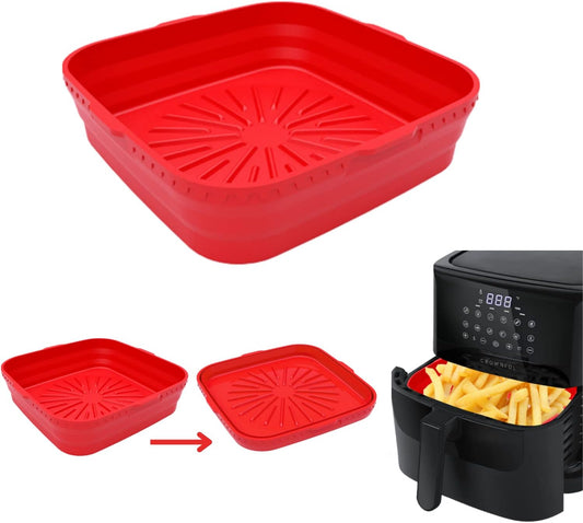 Red Silicone Liners for 5-7 QT Air Fryers - Non-Stick Square Basket Pot - 8.5 Inch Foldable Oven Accessories