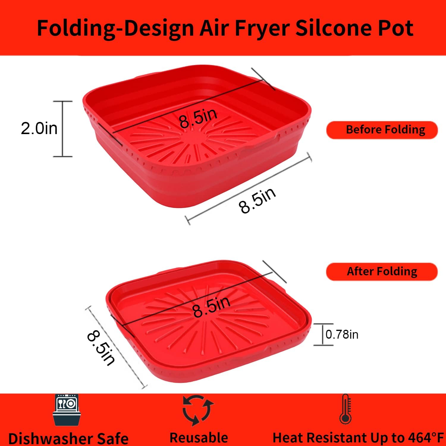 Red Silicone Liners for 5-7 QT Air Fryers - Non-Stick Square Basket Pot - 8.5 Inch Foldable Oven Accessories