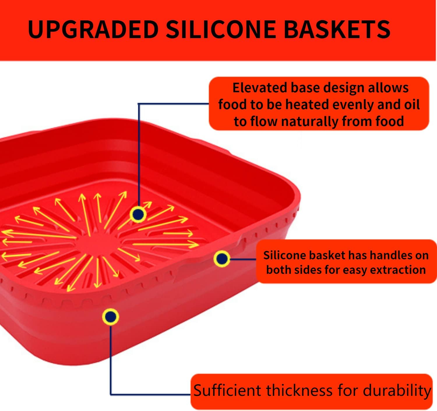 Red Silicone Liners for 5-7 QT Air Fryers - Non-Stick Square Basket Pot - 8.5 Inch Foldable Oven Accessories