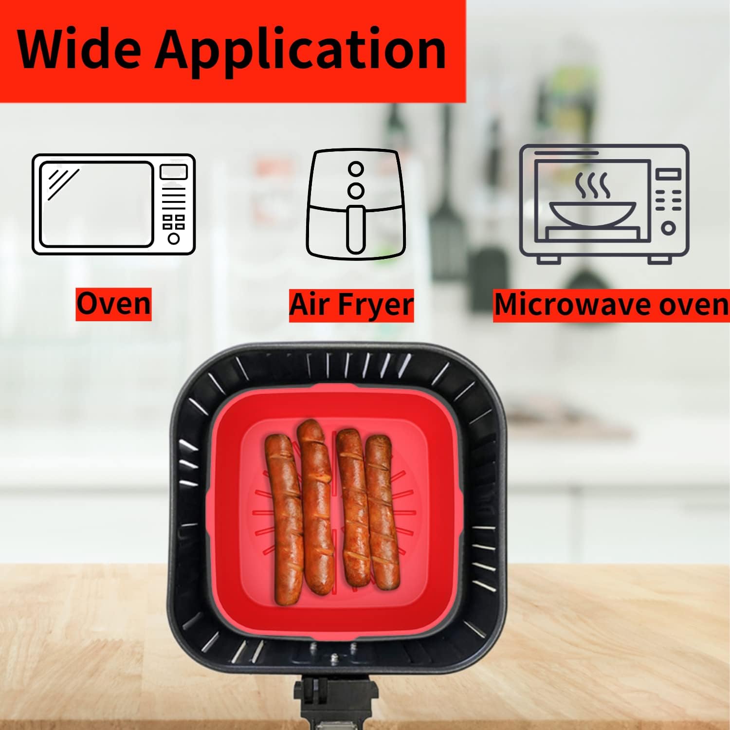 Red Silicone Liners for 5-7 QT Air Fryers - Non-Stick Square Basket Pot - 8.5 Inch Foldable Oven Accessories