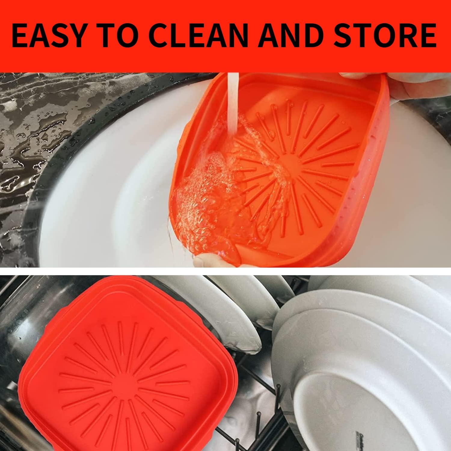 Red Silicone Liners for 5-7 QT Air Fryers - Non-Stick Square Basket Pot - 8.5 Inch Foldable Oven Accessories
