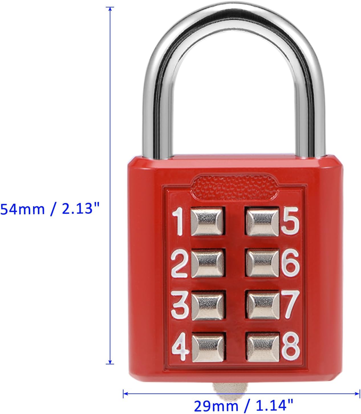 Red Zinc Alloy 8 Digit Combination Padlock for Gym Gate Sports Locker - Indoor Outdoor Push Button Lock with 5mm Shackle